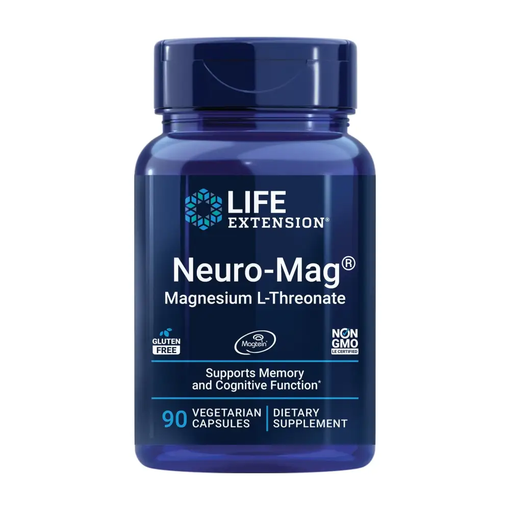 Deep blue plastic bottle of life extension neuro-mag magnesium l-threonate dietary supplement.