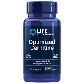A dark blue plastic bottle of life extension optimized carnitine dietary supplement, featuring a matching cap and label with white text highlighting its 60-capsule count.