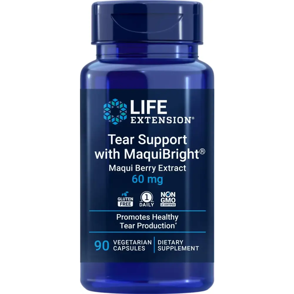 A dark blue, translucent plastic bottle with a matching cap contains 90 vegetarian capsules of life extension tear support with maquibright.