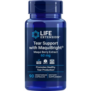 A dark blue, translucent plastic bottle with a matching cap contains 90 vegetarian capsules of life extension tear support with maquibright.