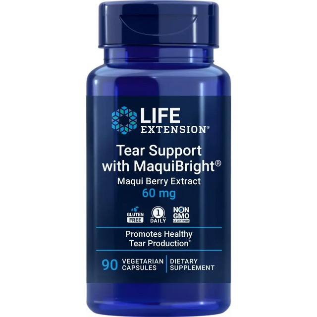 A dark blue, translucent plastic bottle with a matching cap contains 90 vegetarian capsules of life extension tear support with maquibright.