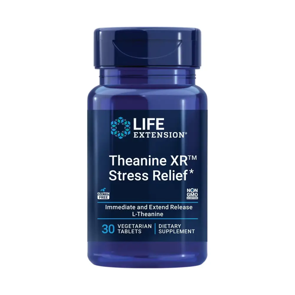 A dark blue, translucent plastic bottle with a matching cap contains life extension theanine xr stress relief dietary supplement tablets.