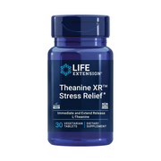 A dark blue, translucent plastic bottle with a matching cap contains life extension theanine xr stress relief dietary supplement tablets.