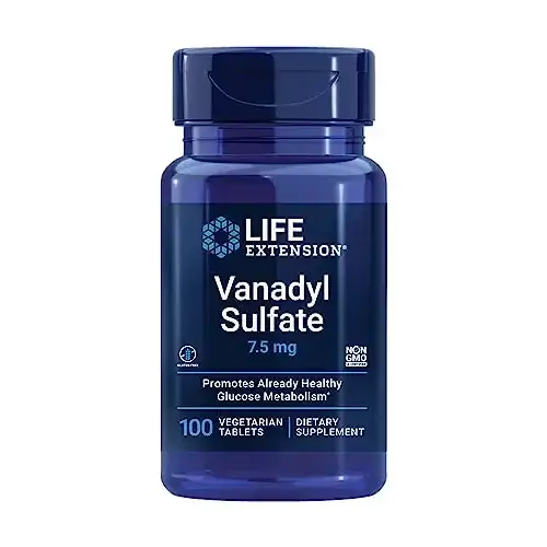Life Extension Vanadyl Sulfate Trace Mineral Vanadium Healthy glycemic Balance Healthy Metabolism Hormone Function Gluten-Free Non-GMO Vegetarian – 100 Tablets