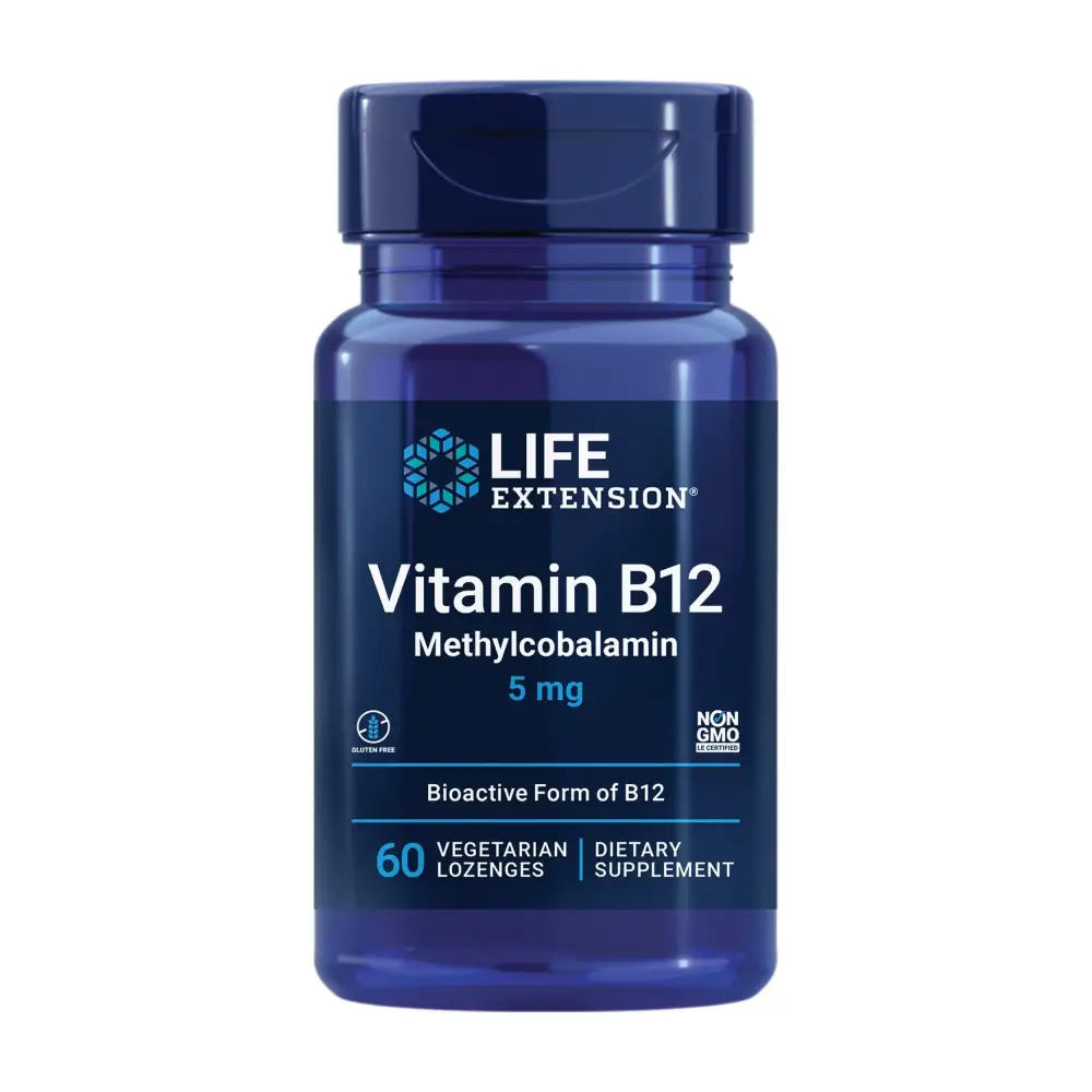 Deep blue plastic bottle of life extension vitamin b12 methylcobalamin 5 mg dietary supplement, containing 60 vegetarian lozenges.