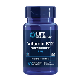 Deep blue plastic bottle of life extension vitamin b12 methylcobalamin 5 mg dietary supplement, containing 60 vegetarian lozenges.