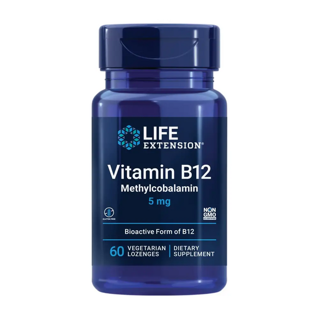 Deep blue plastic bottle of life extension vitamin b12 methylcobalamin 5 mg dietary supplement, containing 60 vegetarian lozenges.