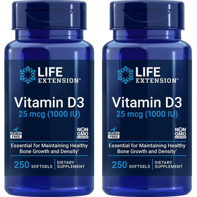 Life Extension Vitamin D3 25 mcg (1000 IU) Immune System Support Bone Health Whole-Body Health Value Size Gluten-Free Non-GMO – Two Pack - 2 x 250 Softgels
