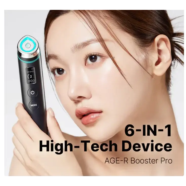 Black and teal handheld facial device with a sleek, cylindrical design featuring buttons for power and mode control.
