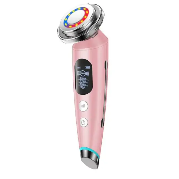 Pink handheld facial device with a silver metallic head featuring colorful led lights and a digital display screen on the body.