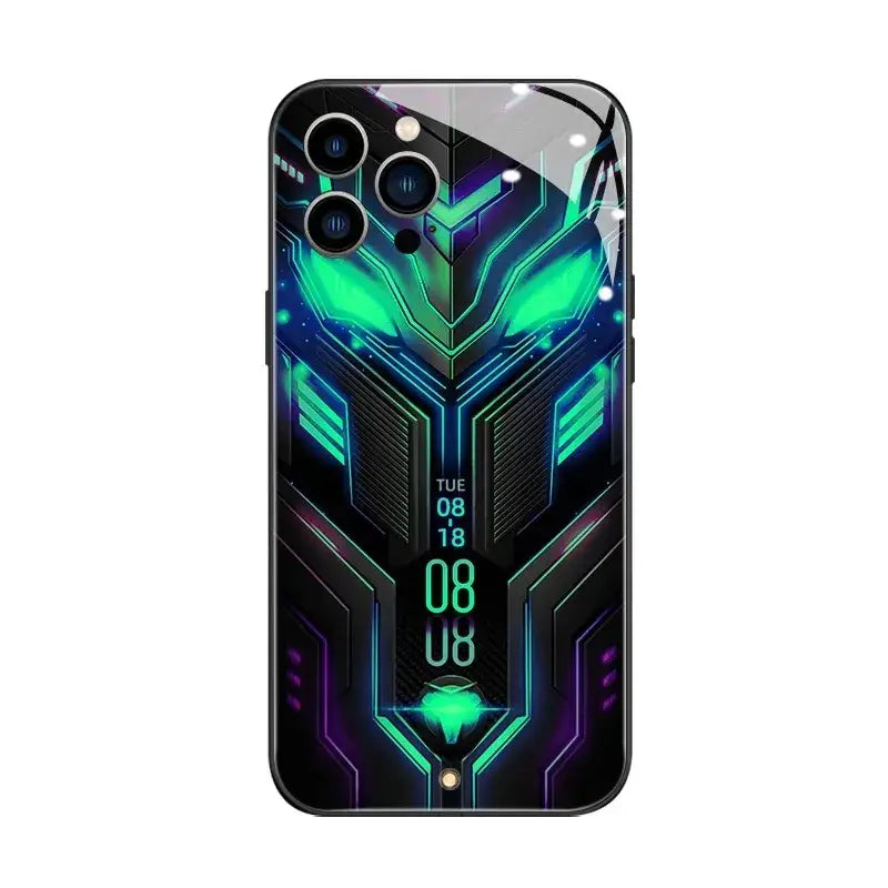 A sleek black phone case featuring a glowing neon green and purple cybernetic face design with digital time display.