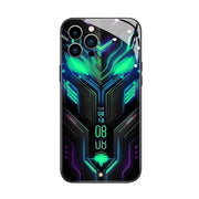 A sleek black phone case featuring a glowing neon green and purple cybernetic face design with digital time display.