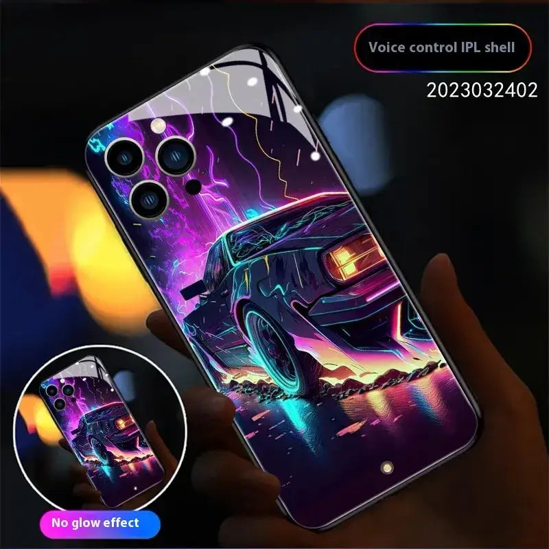 Vibrant neon cyberpunk car design phone case with glossy finish and reflective edges.