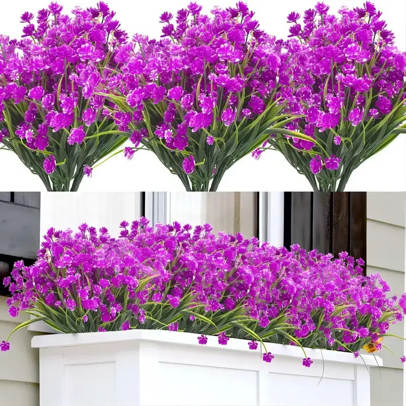 Vibrant purple artificial flower bundles with green stems, designed for decorative use.