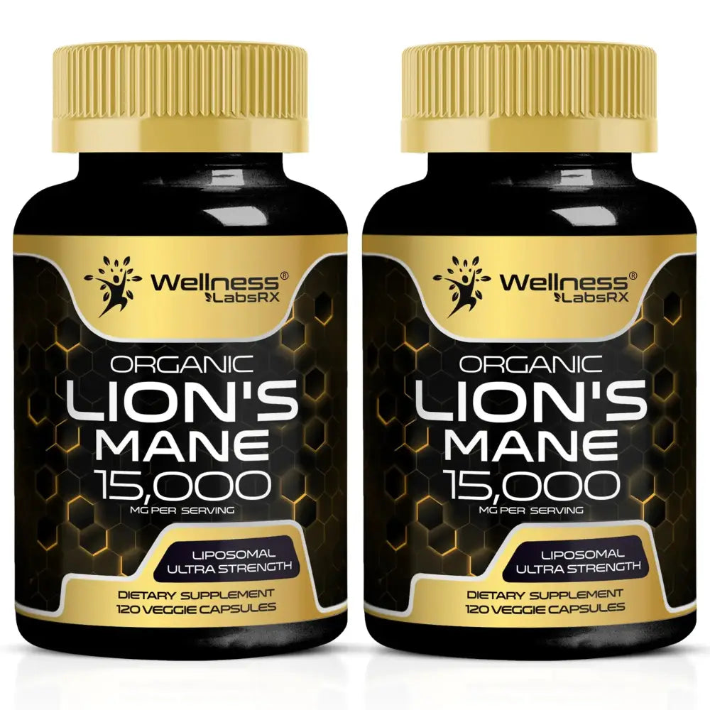 Two black bottles with gold caps and labels, each containing 120 organic lion’s mane 15,000 mg per serving veggie capsules from wellness labsrx.