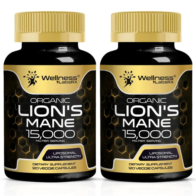 Two black bottles with gold caps and labels, each containing 120 organic lion’s mane 15,000 mg per serving veggie capsules from wellness labsrx.
