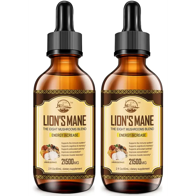 Two amber glass bottles with black dropper caps, each labeled ’lion’s mane the eight mushrooms blend’ and marked as a 2 fl oz (60 ml) dietary supplement containing 2150 mg of liquid extract.
