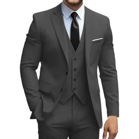 A sleek charcoal gray three-piece suit with a tailored fit, featuring a notched lapel jacket, matching vest with five black buttons, and coordinating trousers.