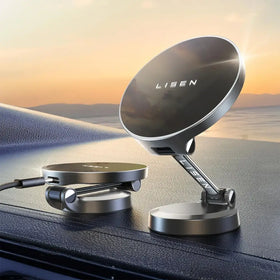 Silver metallic magnetic car phone holder with adjustable arm and circular base, branded ’lisen’.