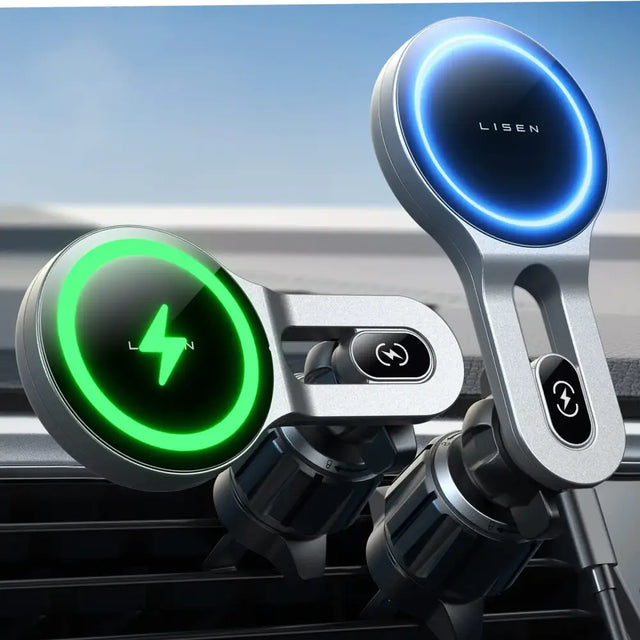 Silver lisen magnetic car phone charger with glowing blue and green circular led lights.