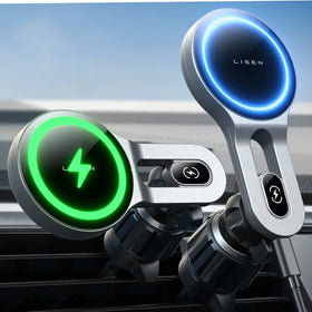 Silver lisen magnetic car phone charger with glowing blue and green circular led lights.