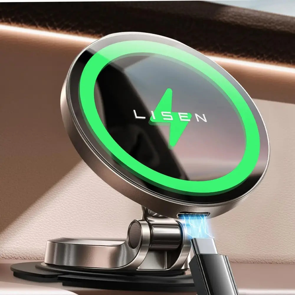 Lisen brand circular magnetic car phone charger with a glowing green ring and metallic finish.