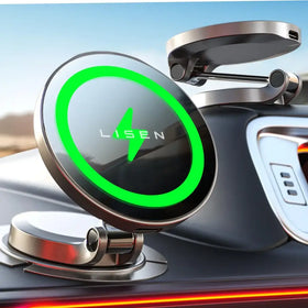 Silver magnetic car mount with a glowing green circular charging indicator and the ’lisen’ brand logo.