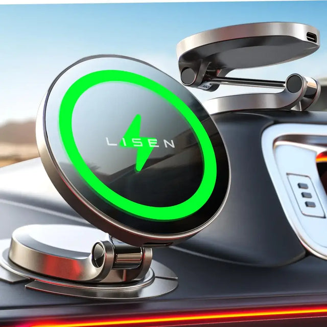 Silver magnetic car mount with a glowing green circular charging indicator and the ’lisen’ brand logo.
