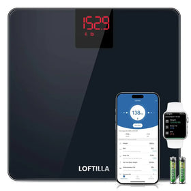 Black digital scale with red led display showing weight and bluetooth connectivity, branded loftilla.