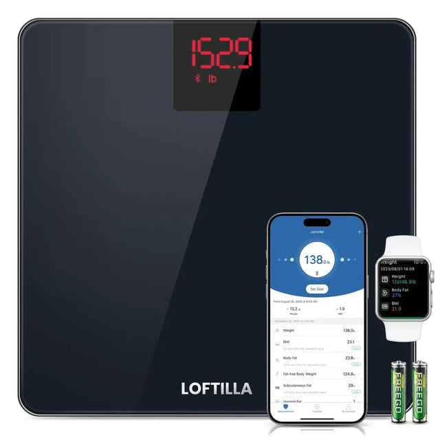 Black digital scale with red led display showing weight and bluetooth connectivity, branded loftilla.