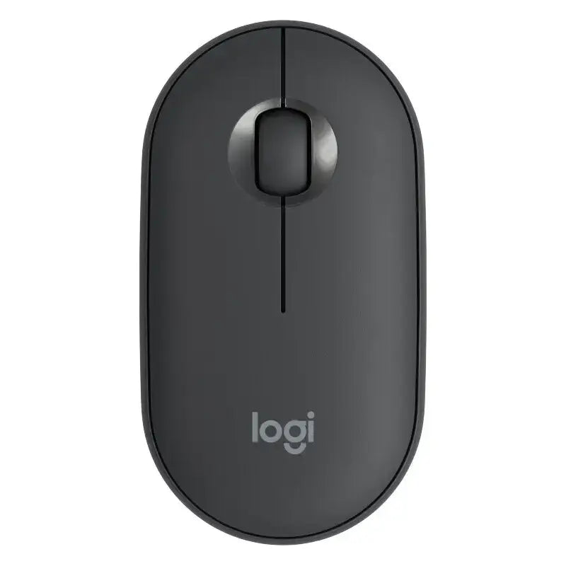 Black logitech wireless mouse with a sleek, minimalist design and metallic scroll wheel.