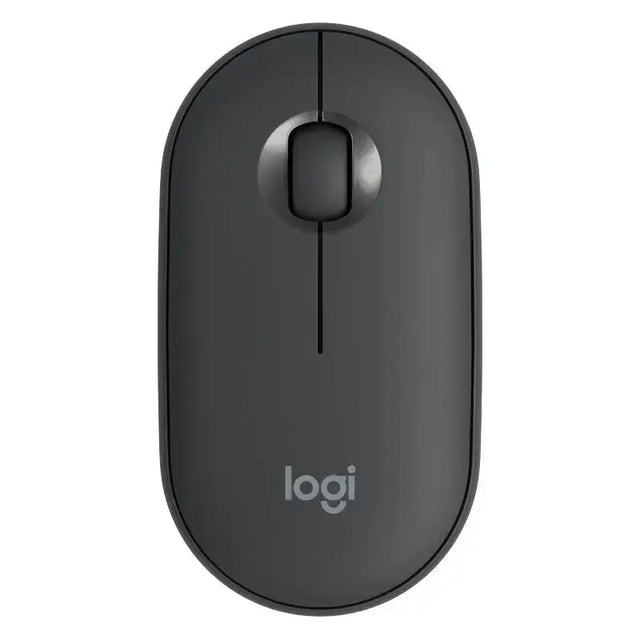 Black logitech wireless mouse with a sleek, minimalist design and metallic scroll wheel.