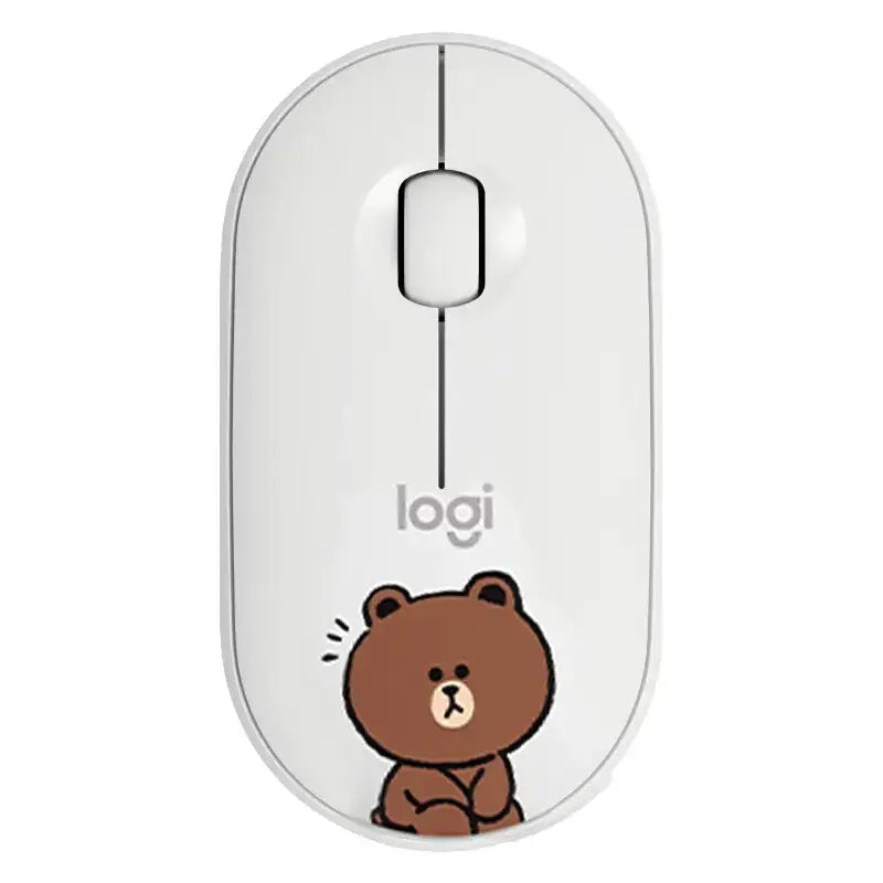White wireless mouse featuring a brown cartoon bear design with the ’logi’ brand logo.