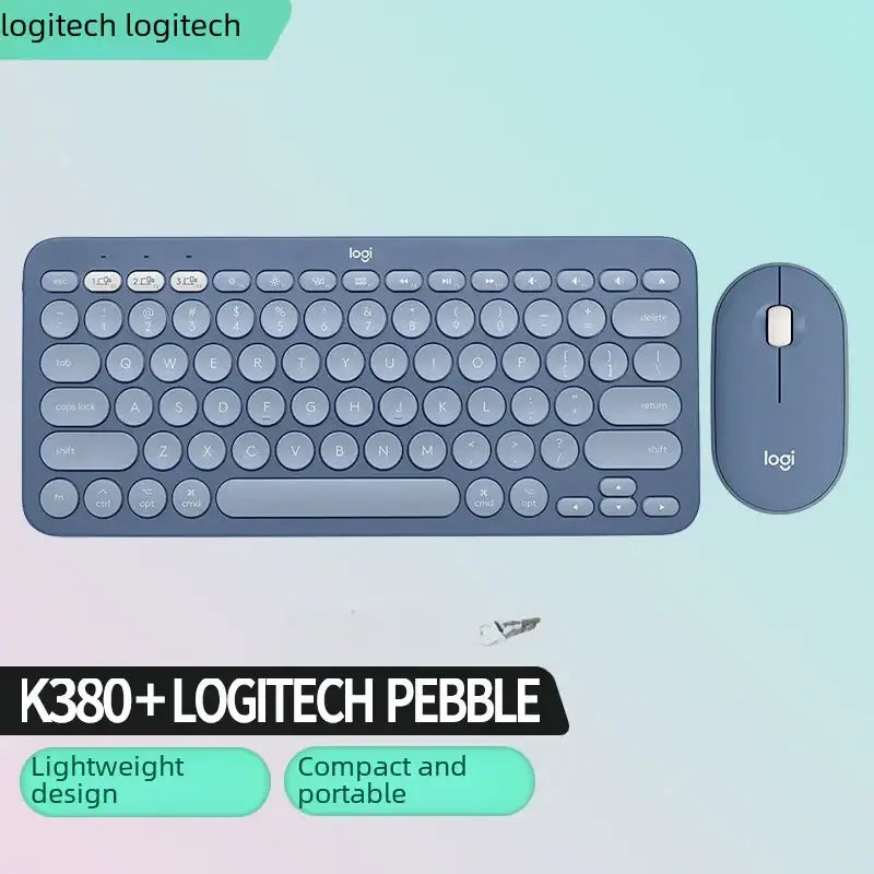 Logitech k380+ pebble wireless keyboard and mouse set in a sleek, matte gray finish with rounded keys and minimalist design.