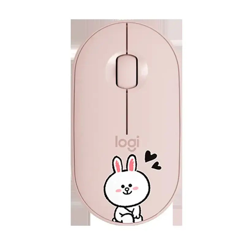 Pink logitech mouse featuring a cute cartoon rabbit design.