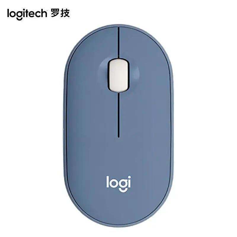 Blue logitech wireless mouse with a white scroll wheel and minimalist design.