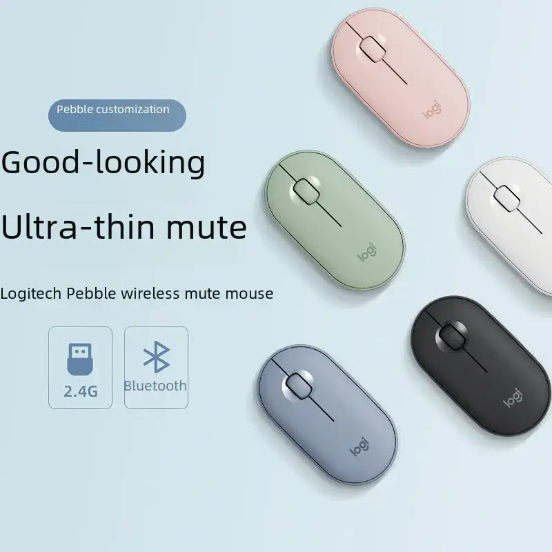Logitech pebble wireless mute mouse in pastel pink, sage green, white, gray, and black.