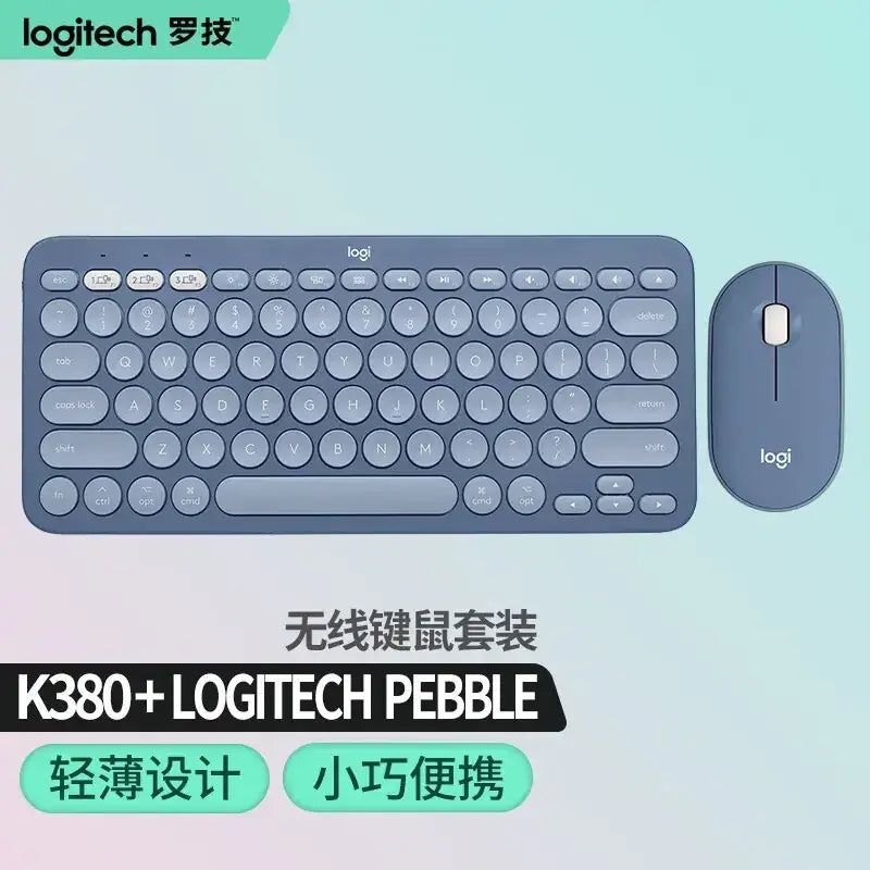 Logitech k380 and pebble wireless keyboard mouse set in a sleek, minimalist design with soft matte gray finish.