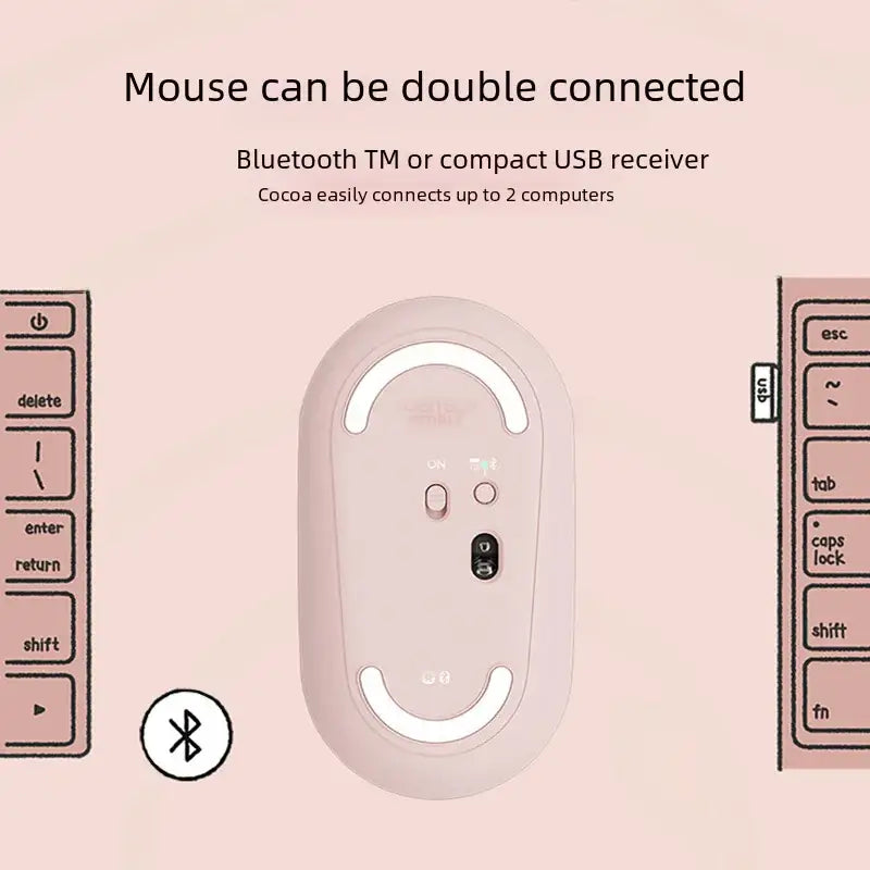 A sleek, matte pink wireless mouse with a minimalist design and soft white led lighting along its curved edges.