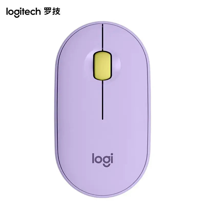 Lilac-colored logitech wireless mouse with a yellow scroll wheel and minimalist design.