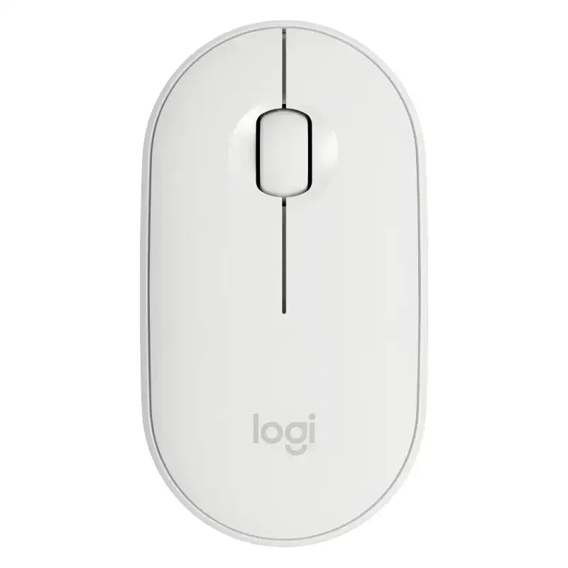 White logitech wireless mouse with sleek, minimalist design and smooth plastic finish.