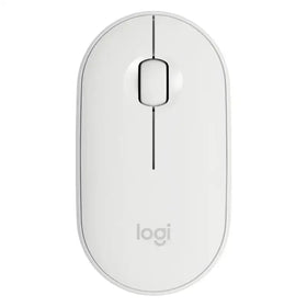 White logitech wireless mouse with sleek, minimalist design and smooth plastic finish.