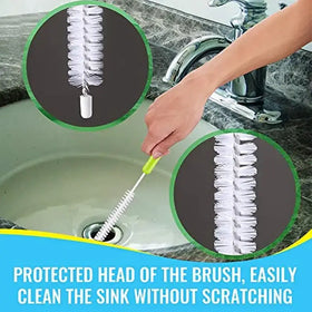 A bright green-handled sink brush with a spiral head of white bristles and a protective cap.