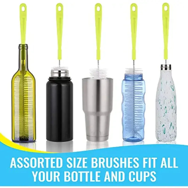 Set of five lime green-handled bottle brushes with flexible bristles, designed to clean various types and sizes of bottles and cups.