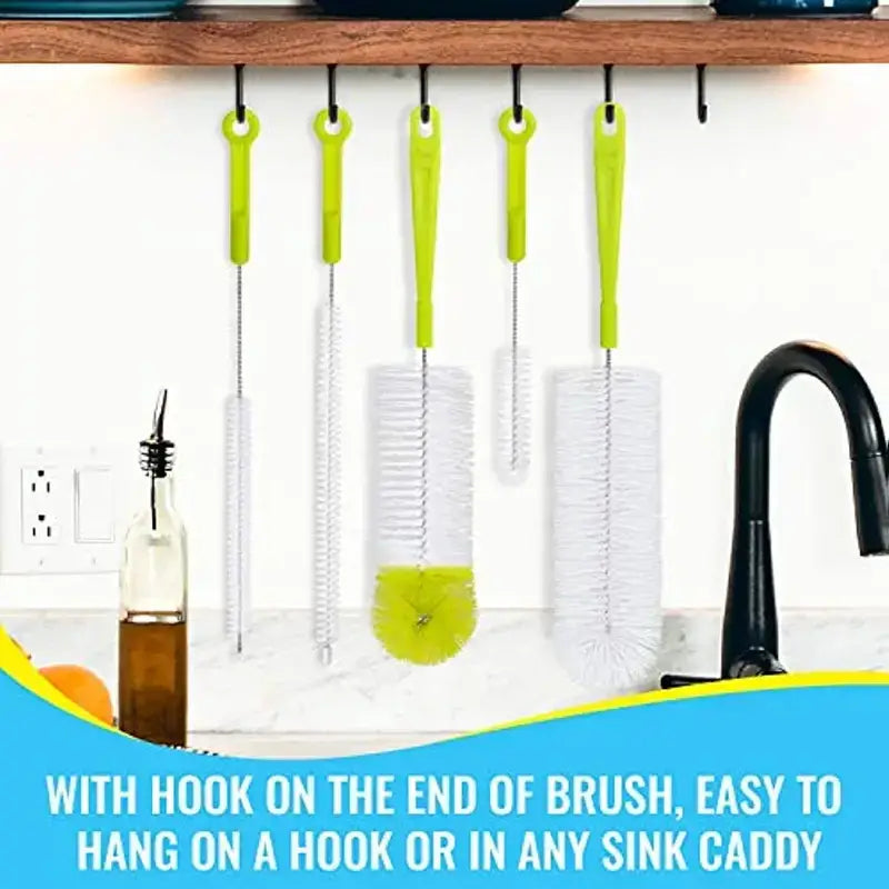 Set of five lime green-handled bottle brushes with white bristles and hook ends, designed for cleaning bottles or baby feeding equipment.