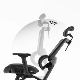 Black ergonomic office chair with adjustable headrest and armrests, featuring a mesh fabric seat and back for breathability.