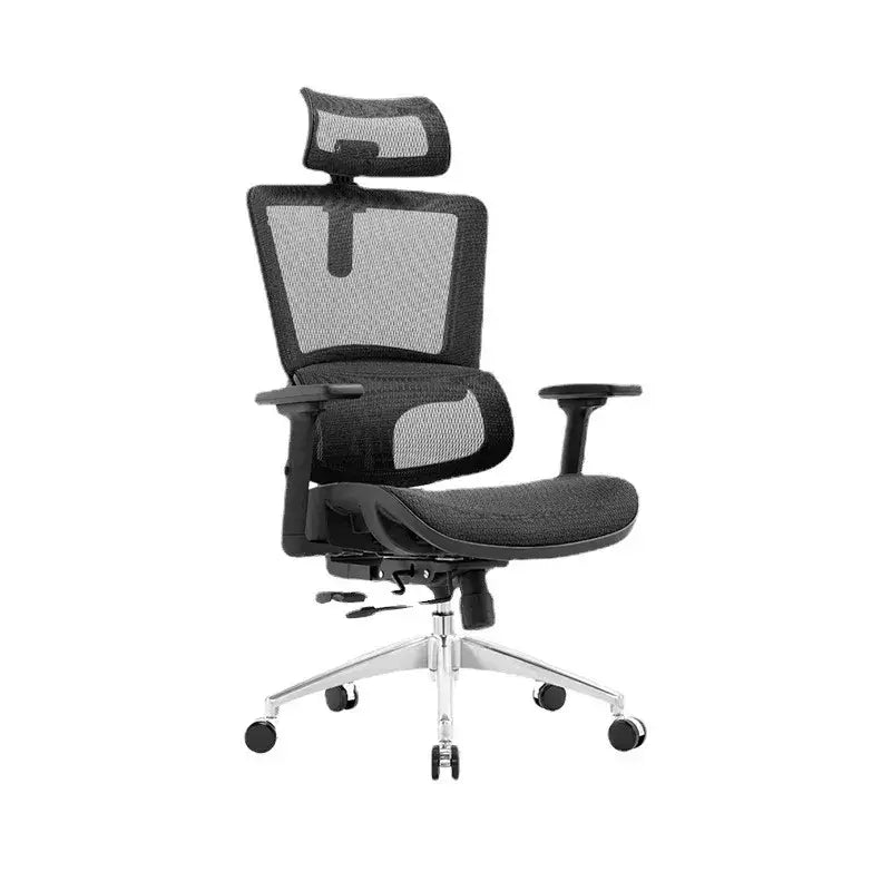 Black mesh ergonomic office chair with adjustable headrest and armrests, featuring a chrome five-star base.