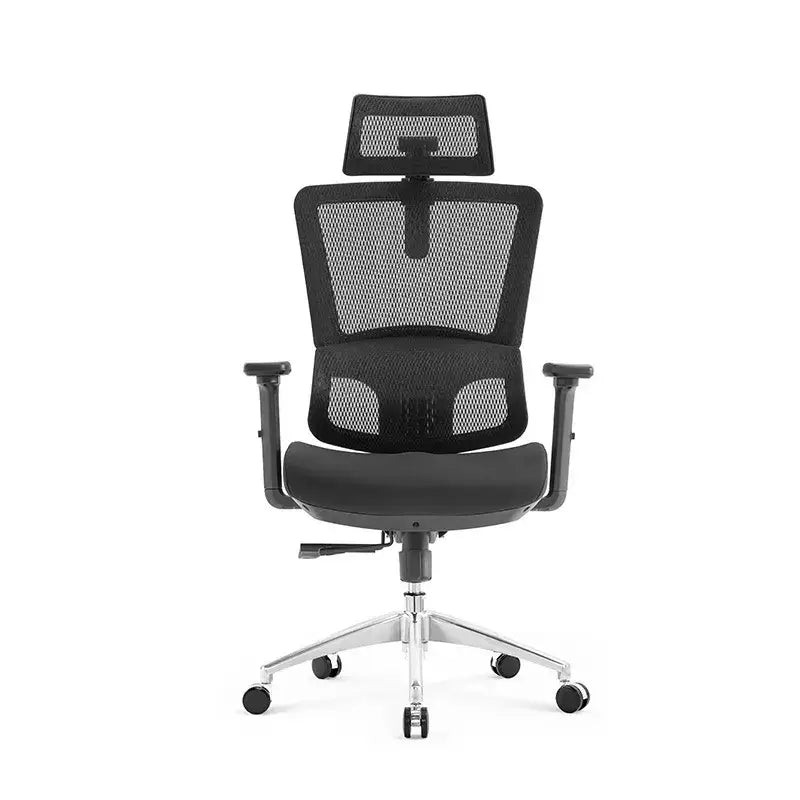 Black mesh office chair with adjustable headrest and chrome base.