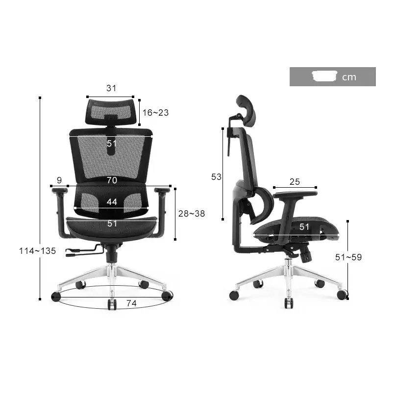 Black mesh office chair with adjustable headrest and armrests, featuring a chrome base and casters.