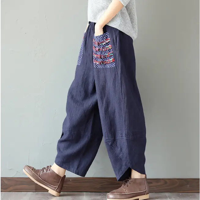 Loose Ethnic Style Cotton Linen Wide Leg Pants for Women